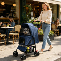 Foldable Pet Stroller for Small Dogs and Cats Under 28 lbs with Multi-Functional Tray, 2 Safety Leashes, Storage Basket 