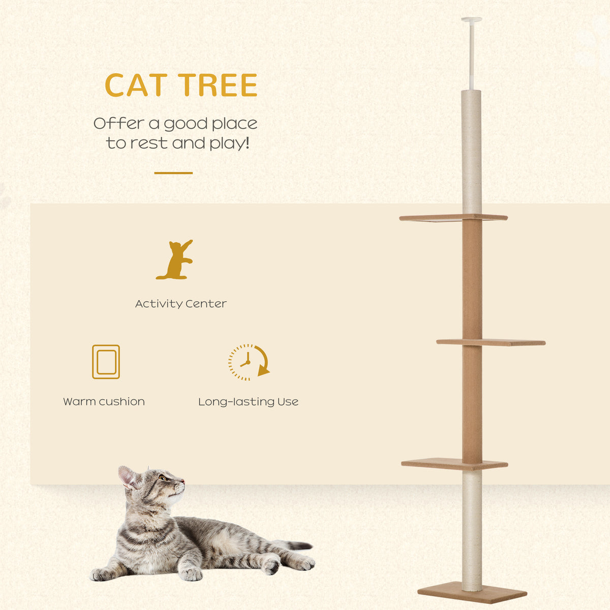 Floor-to-Ceiling Cat Tree Climbing Tower with Sisal-Covered Scratching Posts Natural Cat Tree Activity Center for Kitten