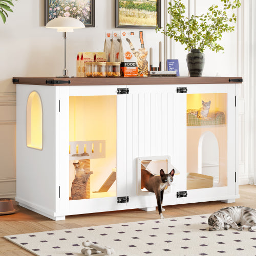 47.25 Large Cat Litter Box Enclosure With LED Light, Hidden Litter Box Furniture, Cat House With Stairs And Cat Scratchi