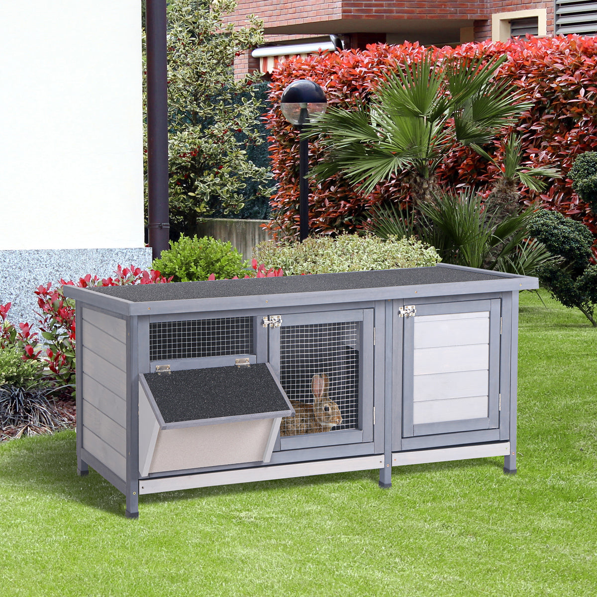 Wooden Rabbit Hutch Bunny Hutch Cage Guinea Pig with Waterproof Roof, No Leak Tray and Feeding Trough, for Rabbits, Chic