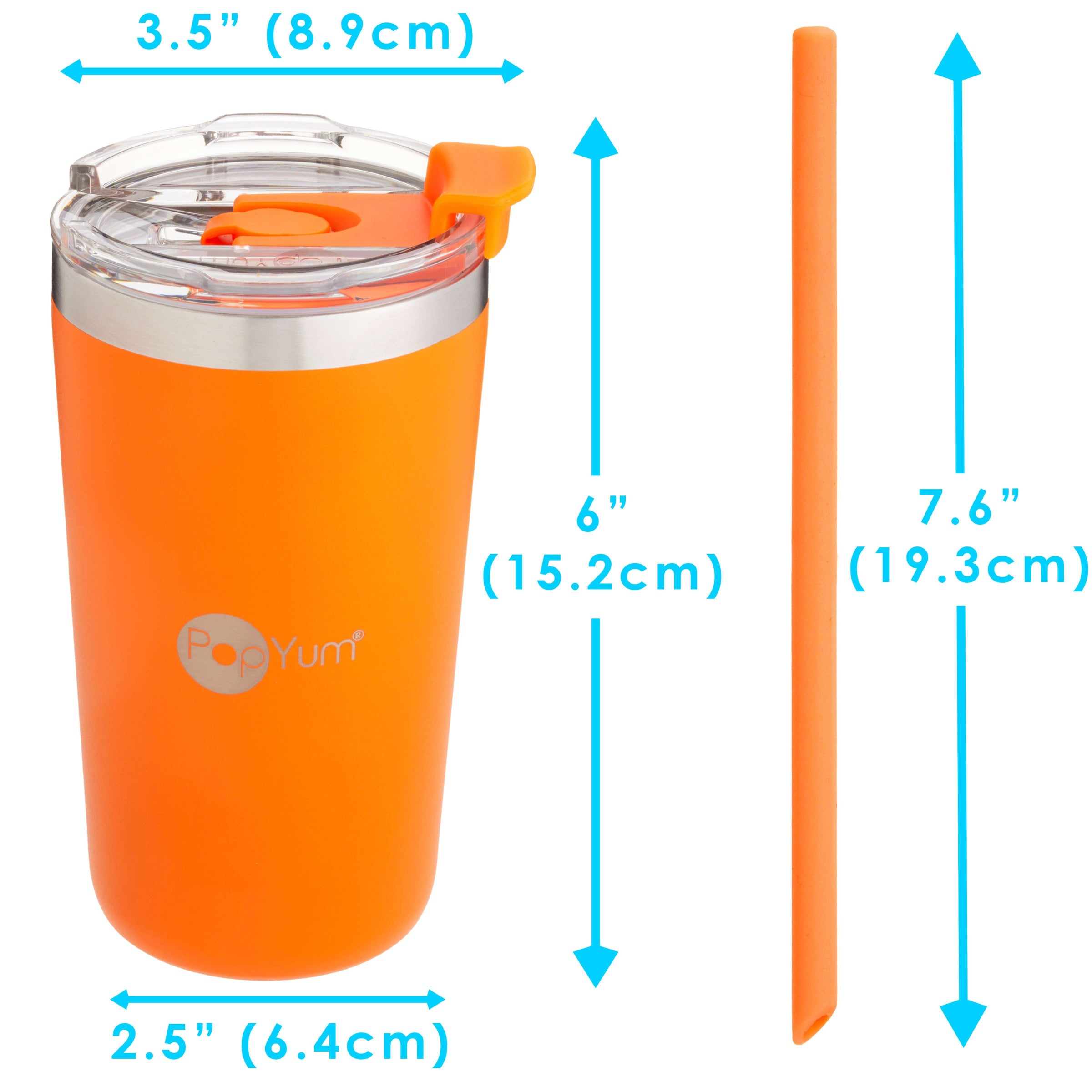 PopYum 13oz Insulated Stainless Steel Kids’ Cups with Lid and Straw, 2-Pack, Orange & Blue, stackable, sippy, baby, child, toddler, tumbler