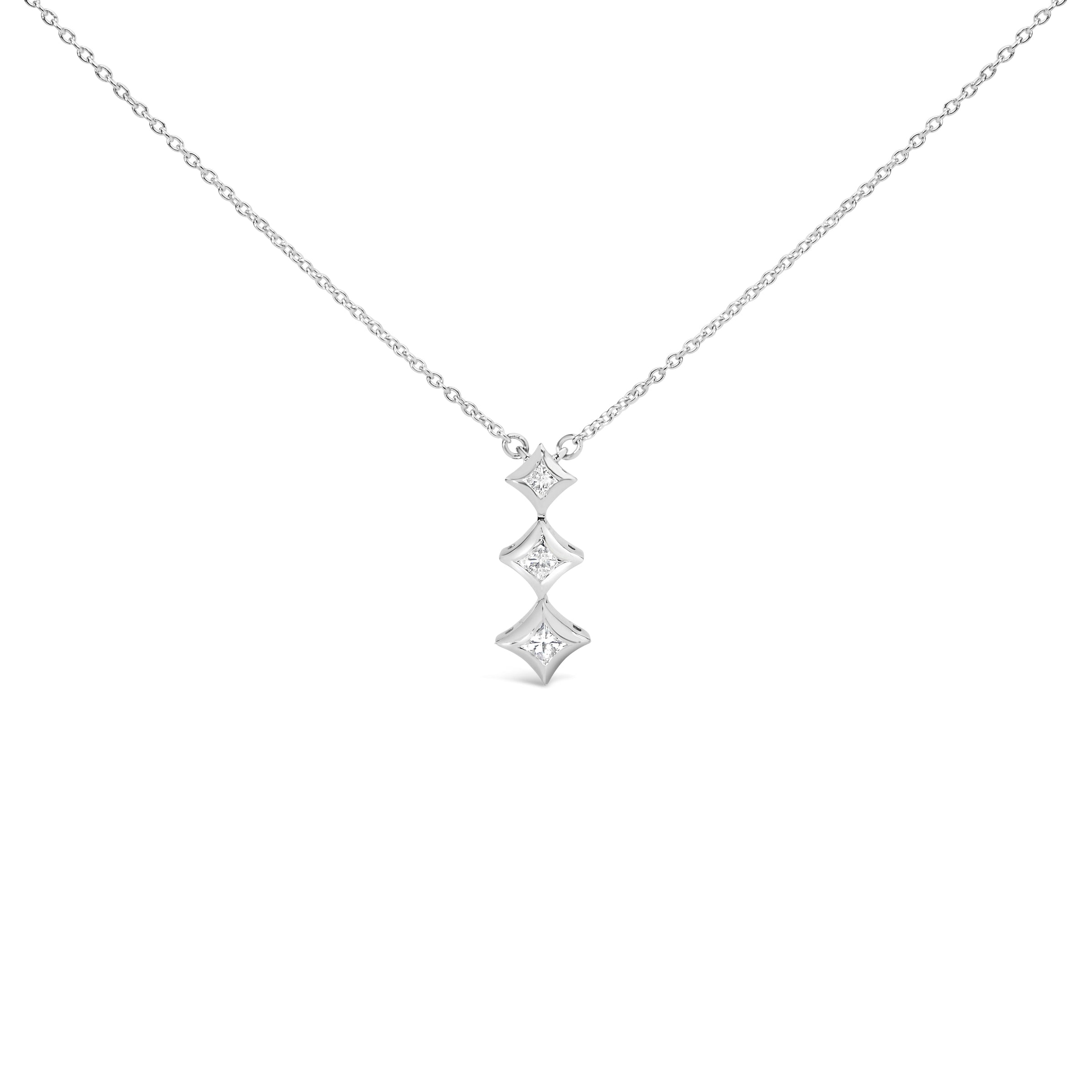 10K White Gold 1/5 Cttw Princess Cut Diamond 3 Stone Drop 18" Pendant Necklace (H-I Color, SI2-I1 Clarity)