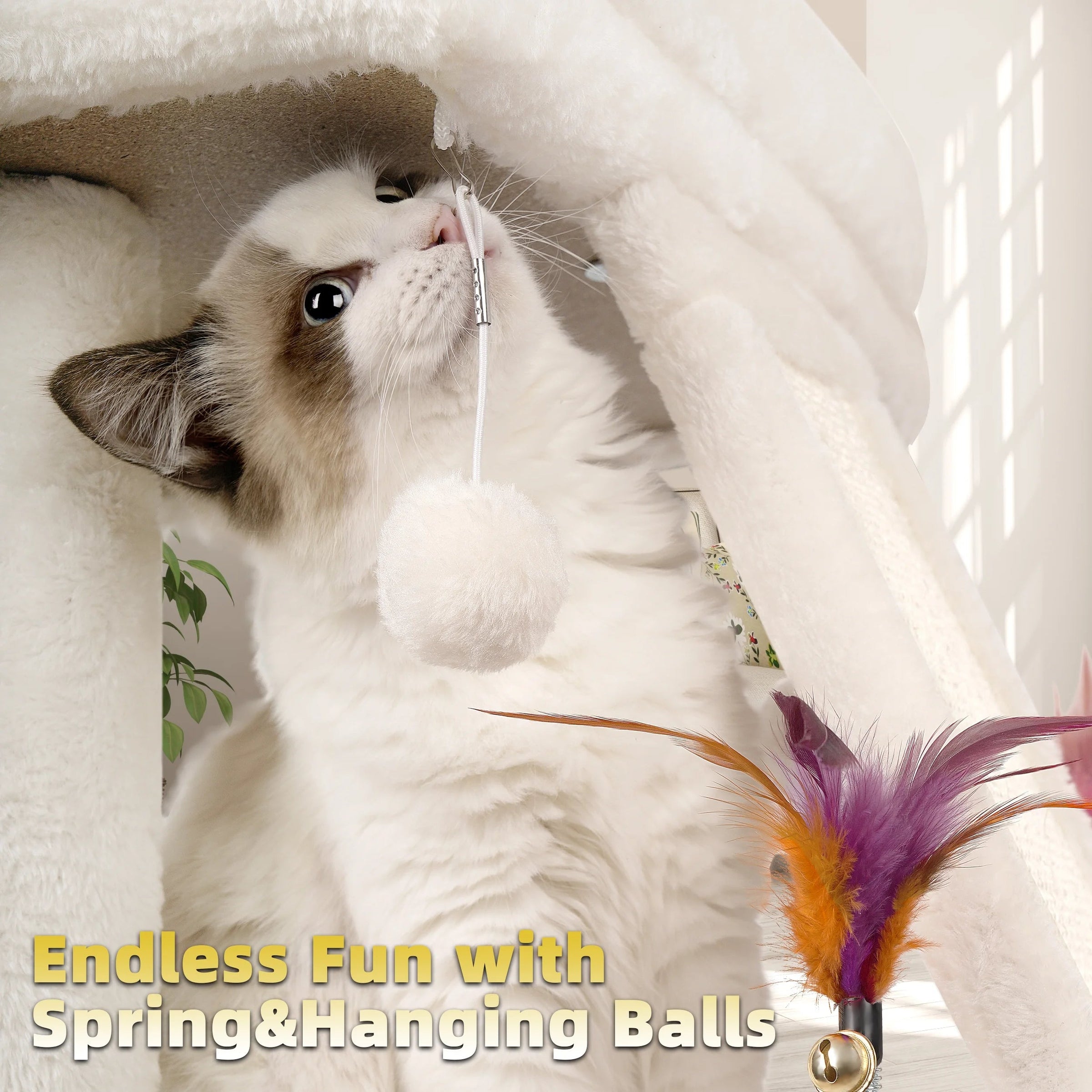 Cozy Beige Cat Tree with Condo, Scratch Post, Hammock & Fun Hanging Balls for Your Feline Friends - BIG FRENCHIES