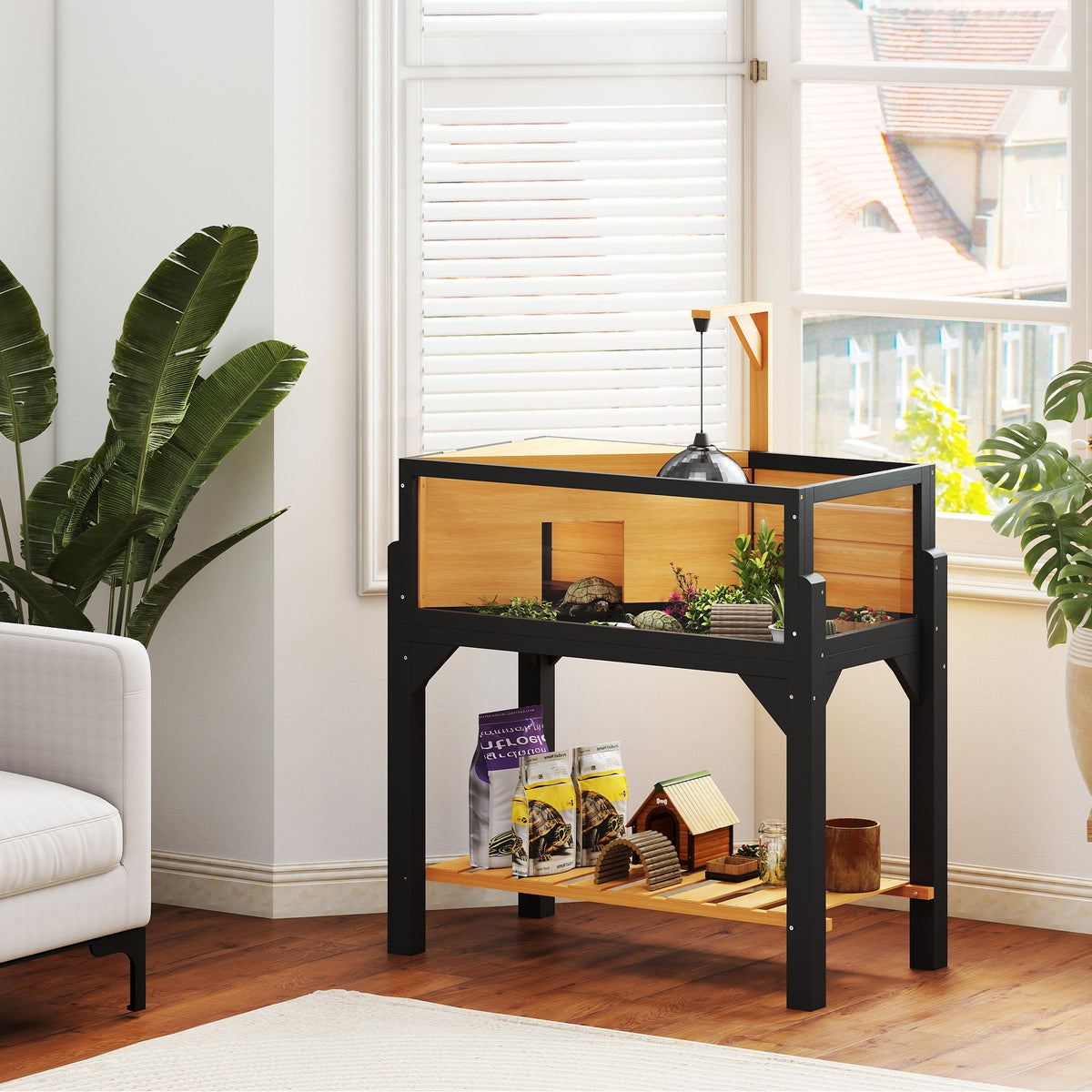 Wooden Tortoise Habitat with Storage Shelf, Tortoise Enclosure with Clear Windows, Openable Top, Lamp Holder, Yellow