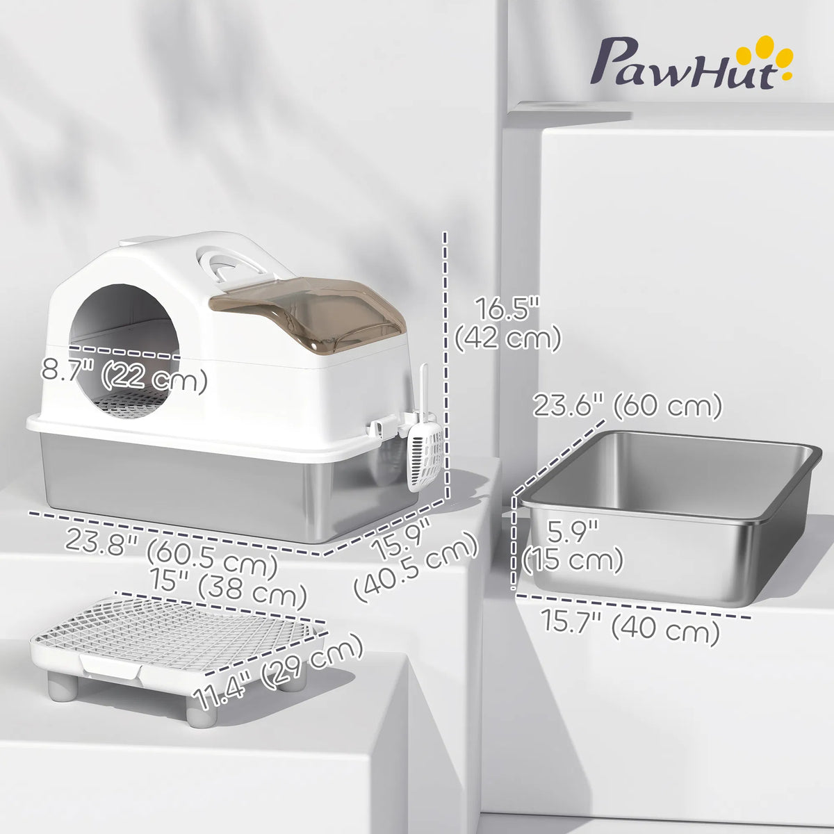 Extra Large Stainless Steel Cat Litter Box w/ High Sided, Removable Lid, Mats, Scoop, Odor Free, Non-Sticky, Leakproof