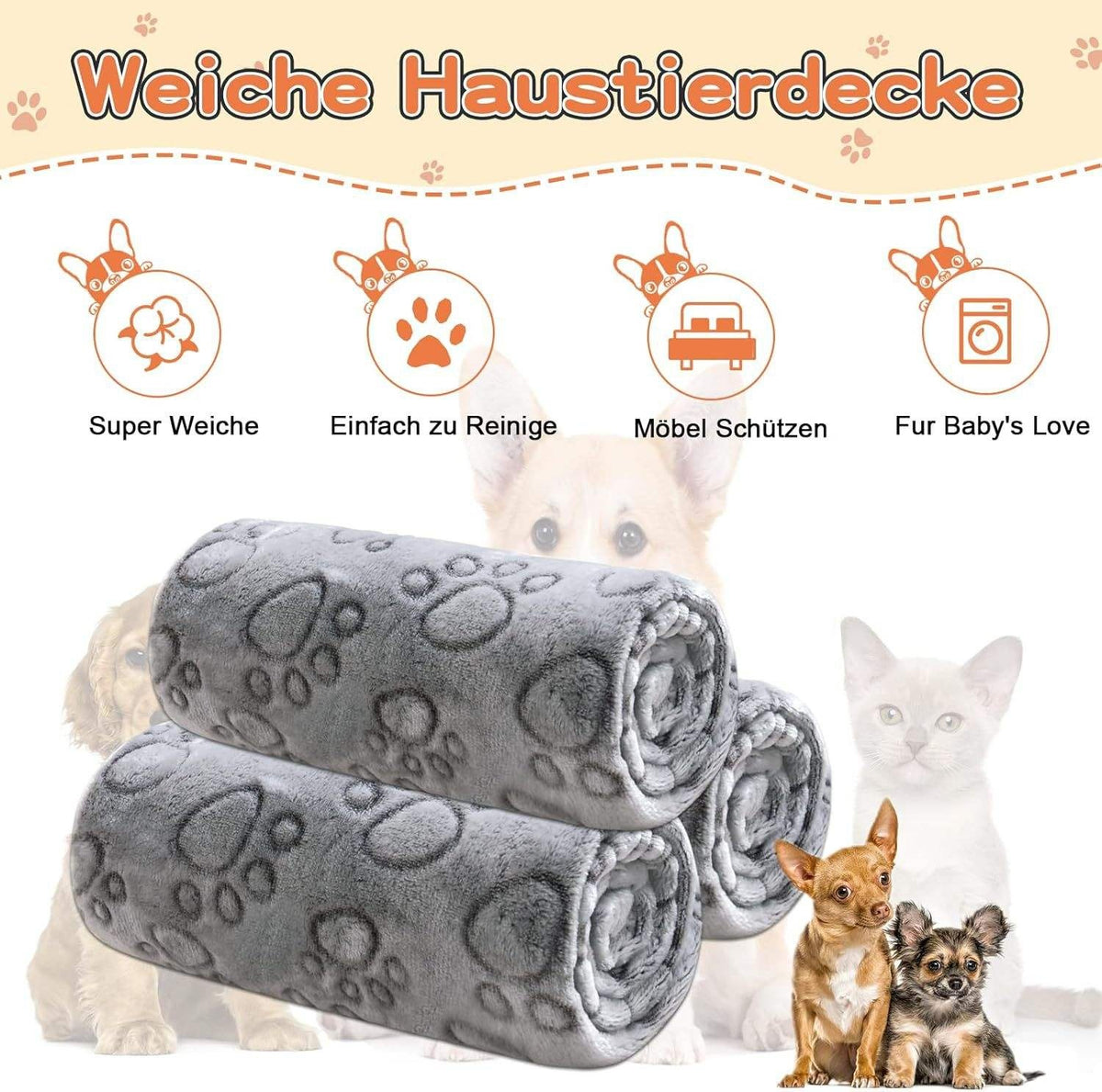 3 PackPet Blanket, Soft Plush Paw Print Dog Blanket Washable, Warm Fleece Cat Blanket For Large Medium Dogs, Sofa Couch 