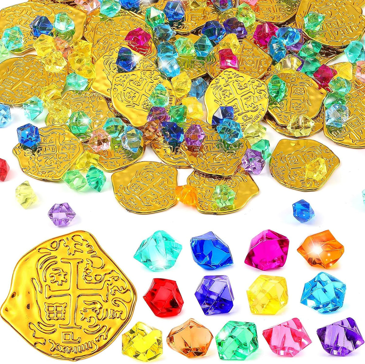 Hanaive 150 Pcs Plastic Pirate Gold Coins Fake Gems Set - Gold / Novel Style