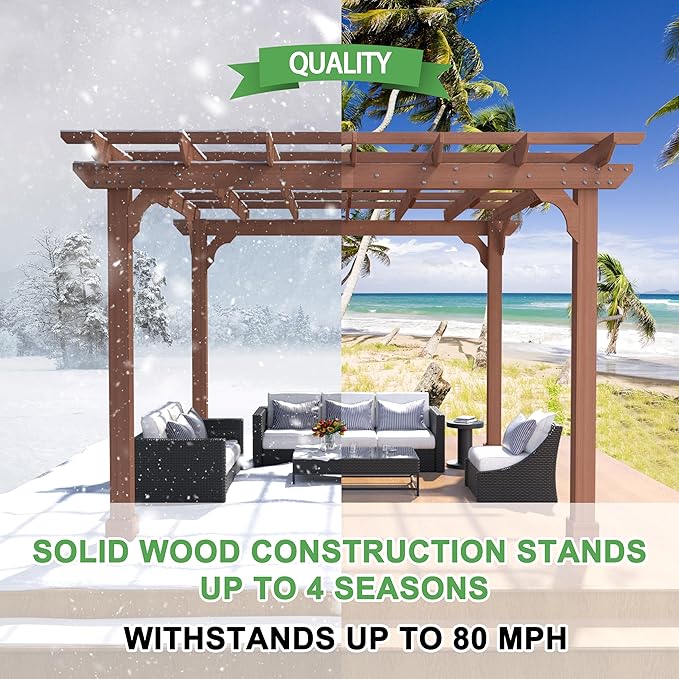 MUPATER 10×10 FT Wooden Pergola with Roof, Wood Pergola Kit with Stakes, Outdoor Shelter Structure for Climbing Plant Support, All-Season Durability, Shade for Patio, Backyard, Deck, Lawn