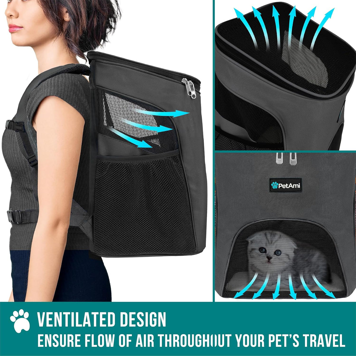 PetAmi Cat Backpack Carrier for Small Dogs and Large Cats - Gray - image 4