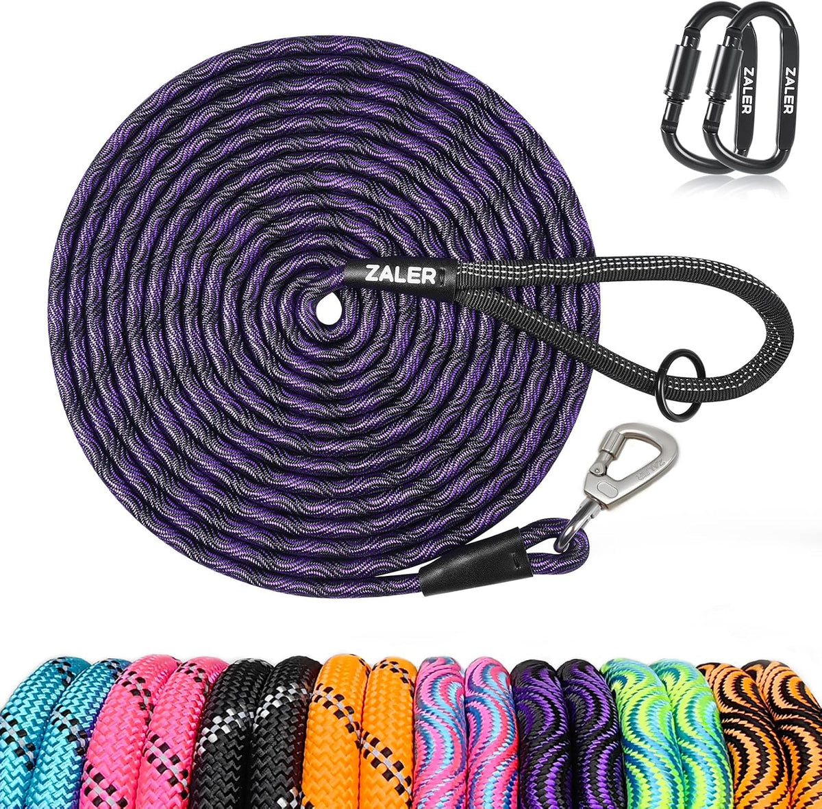 ZALER Long Dog Leash, 50 feet 30ft 20ft 15ft 10ft Dog Training Lead, Heavy Duty Reflective Check - Black Purple / 15FT*2/5"