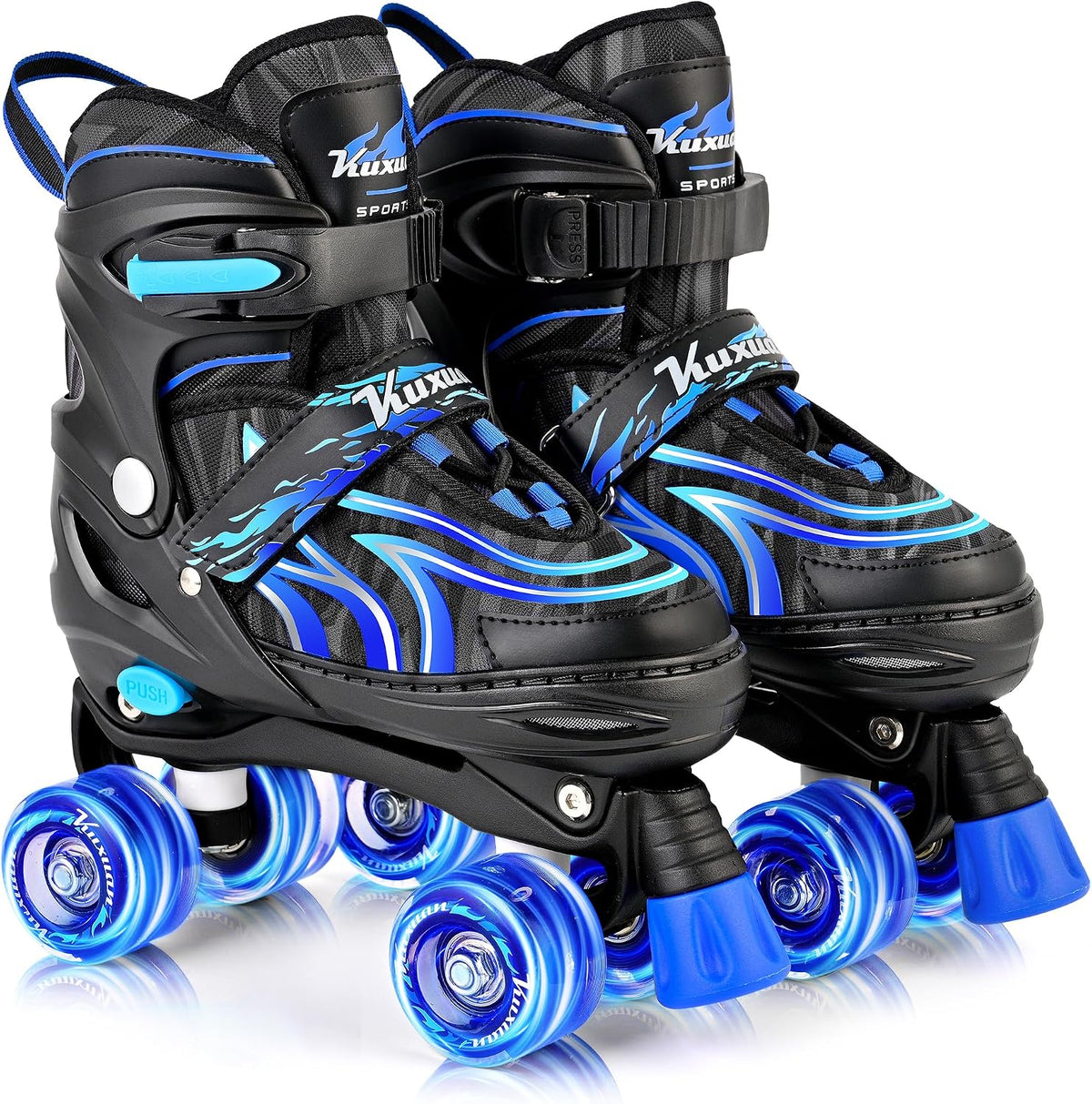 Kuxuan Adjustable Roller Skates with Fun Illuminating Rollerskate - Flame Blue / Large - Youth(4-7US)