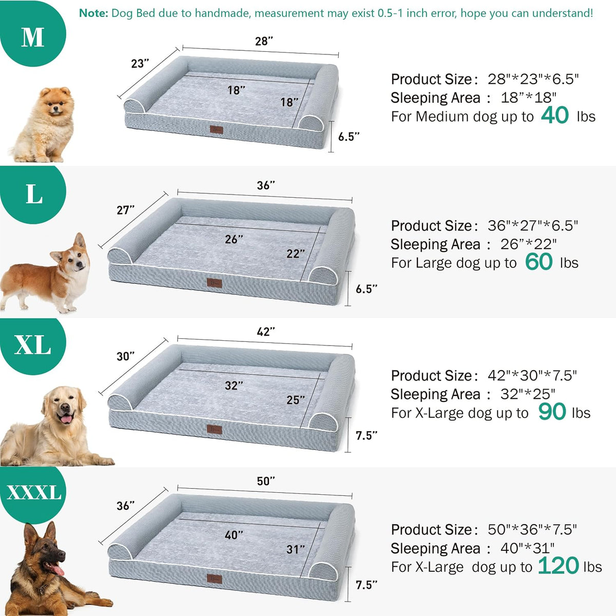Orthopedic Dog Beds for Large Dogs - L(36x27x6.5)Inches / Grey - image 2
