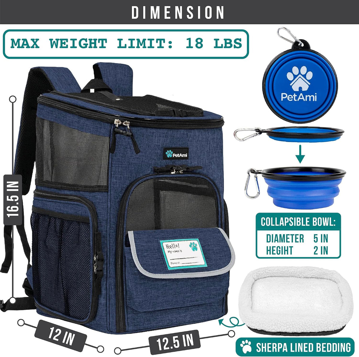 PetAmi Dog Backpack Carrier - Navy / 12.5"L x 12.0"W x 16.5"H - image 2