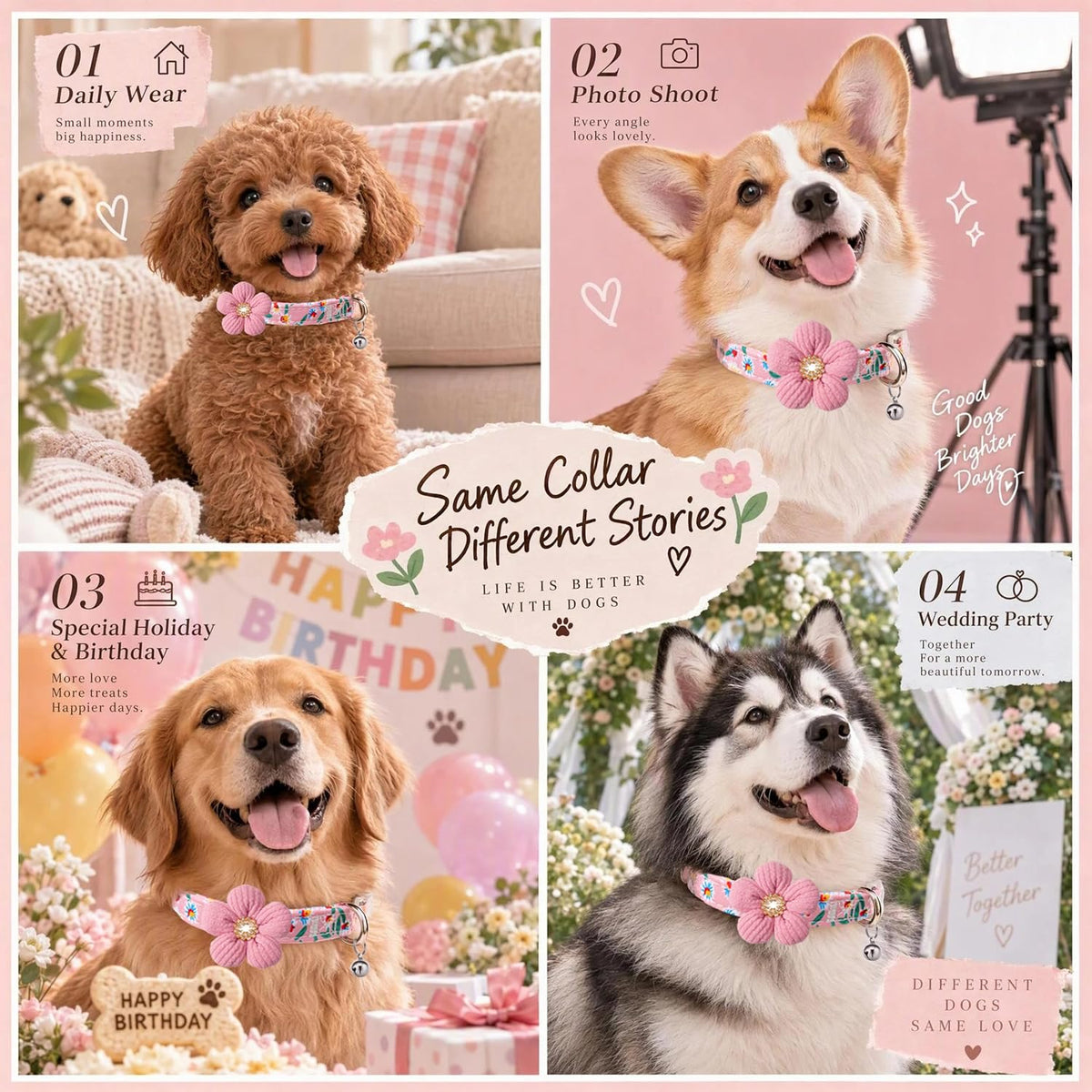 Medium Dog Collar with Flower - Pink + Yellow / S : for Small and Medium Dogs - image 2