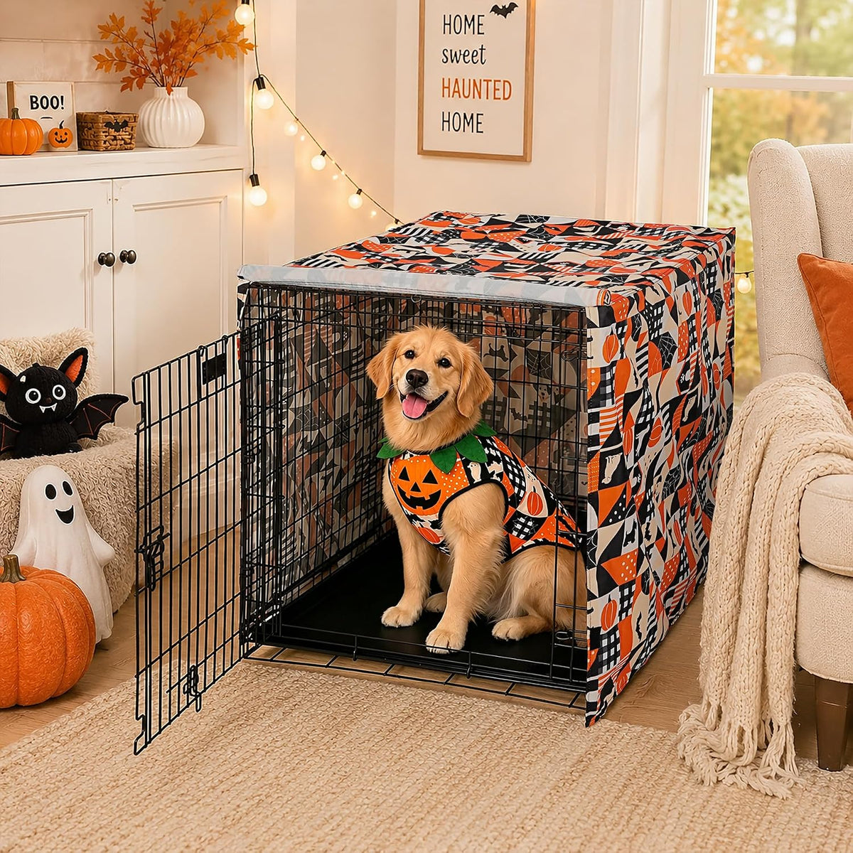 Explore Land Dog Crate Cover - Orange Dog Grid / 36.0"L x 23.0"W x 25.0"H