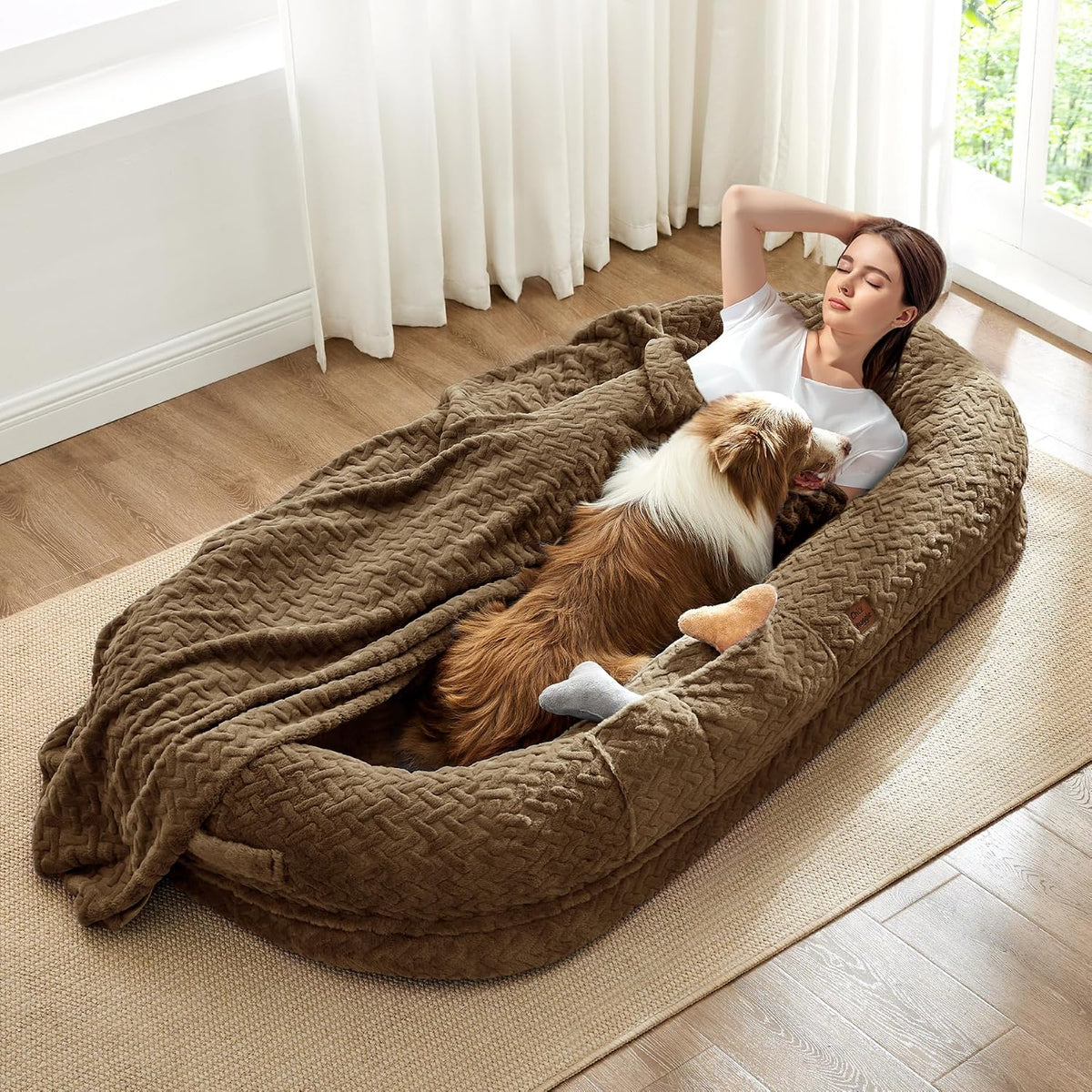 Orthopedic Human Dog Bed, with Faux Fur Washable Cover, Blanket - Brown / Human Dog Bed (72x40x10)
