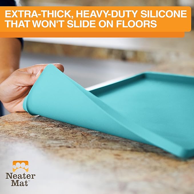 Neater Pet Brands Neater Mat Pet Mats for Food and Water, Cat & Dog Bowl Mat Waterproof Silicone, Feeding Tray, Dog Food Mats for Floors, Placemat w/Raised Edge for Under Bowls, 19” x 12”, Aquamarine