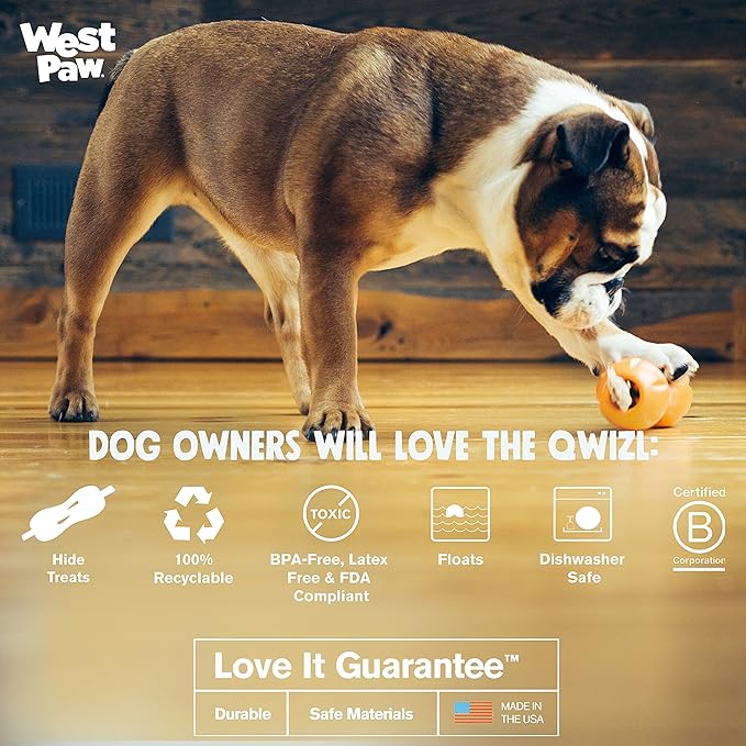 West Paw Zogoflex Qwizl Interactive Treat Dispensing Dog Puzzle Treat Toy for Dogs, 100% Guaranteed Tough, It Floats!, Made in USA, Large, Tangerine