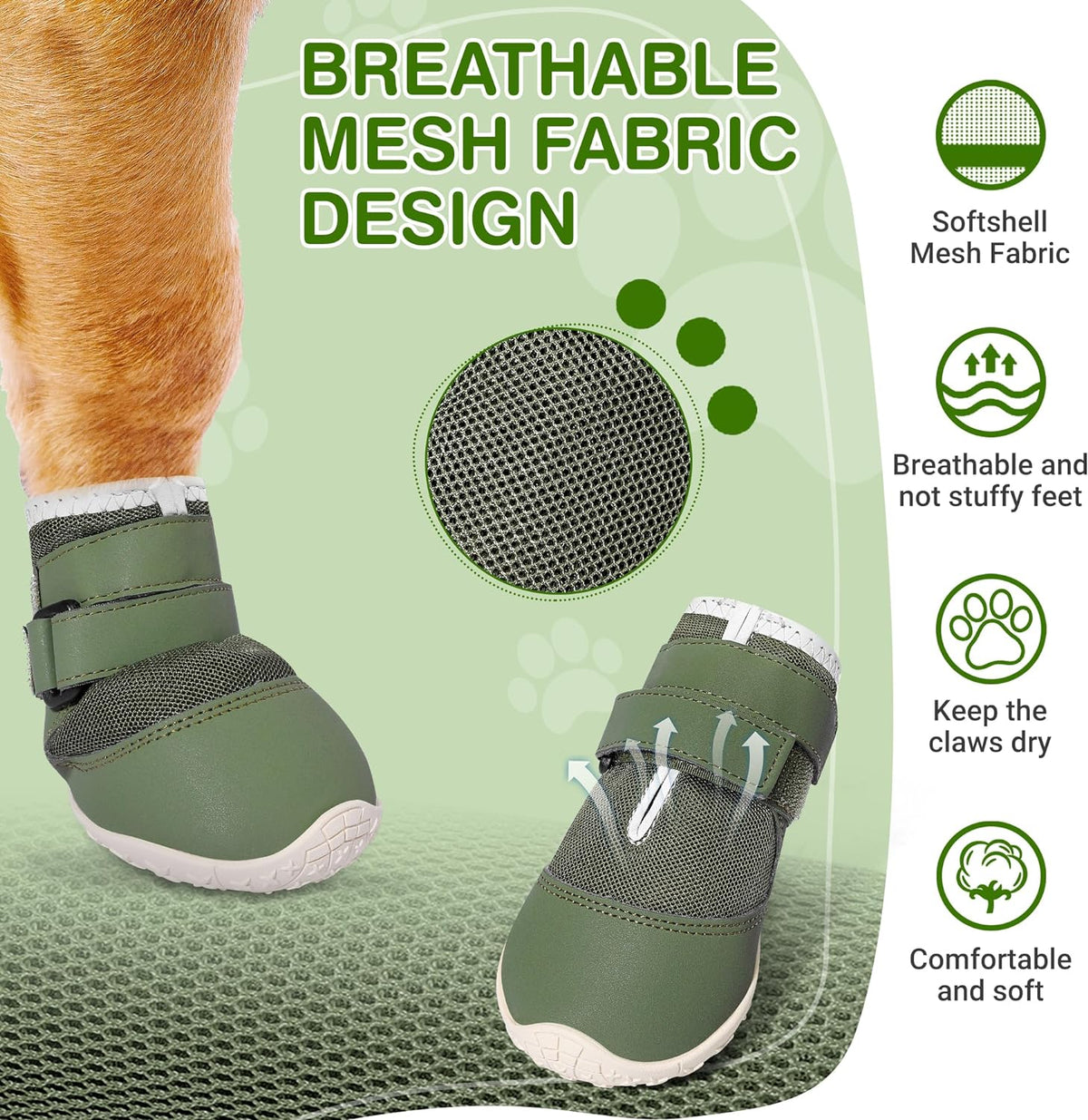 DcOaGt Dog Shoes Large Size Dogs - Green Mesh-Reflective / Size 3:for paw width 2.0-2.2 inches (Pack of 4) - image 3