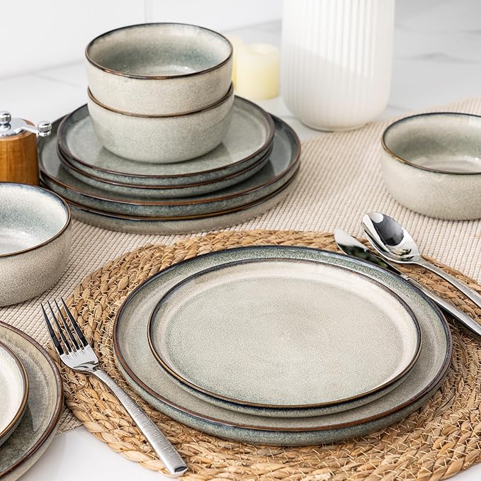 GBHOME Ceramic Dinnerware Sets for 4, 12 Pieces Stoneware Plates and Bowls Sets, Reactive Glaze Dishes -Scratch Resistant, Dishwasher&Microwave Safe, Green Wheat