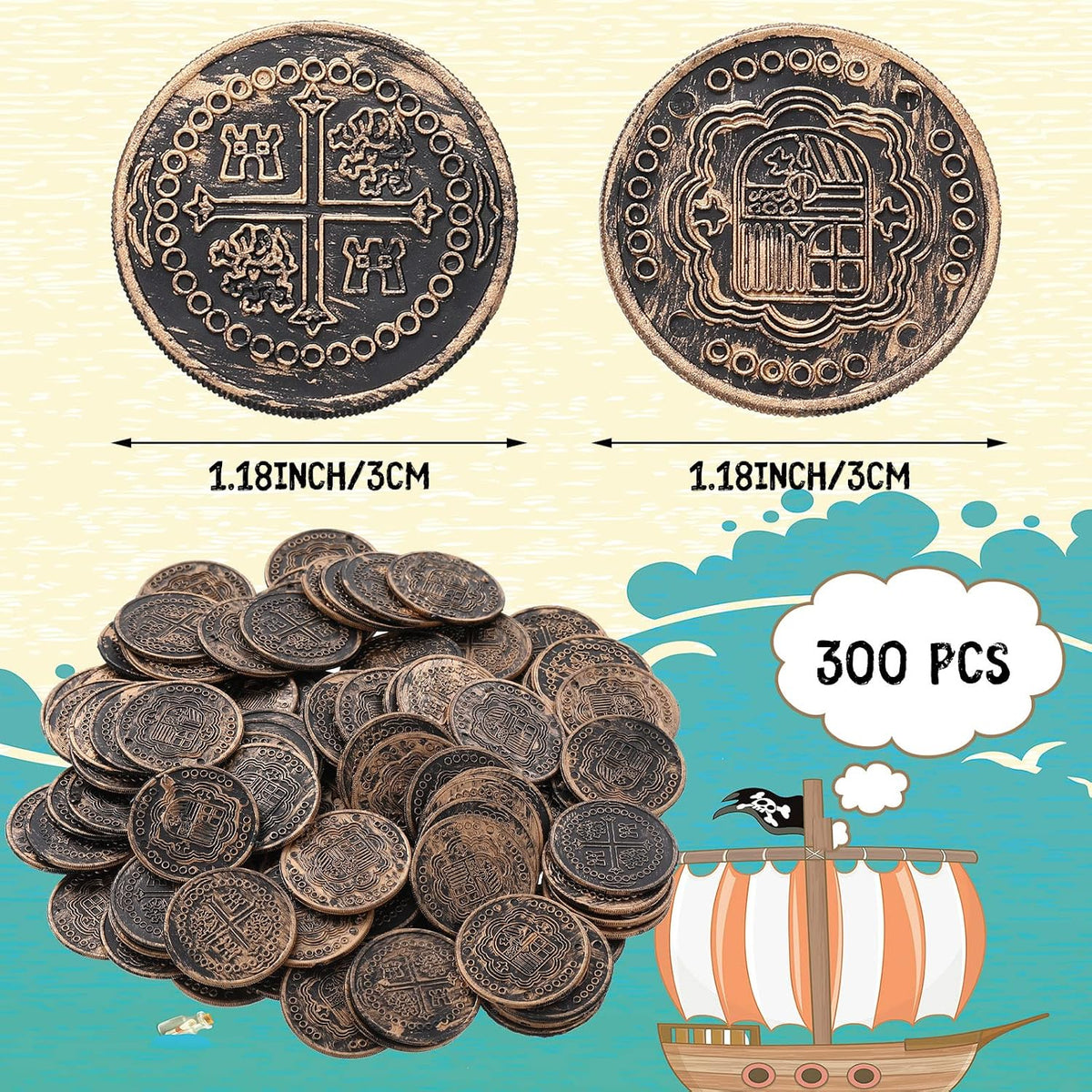 Chivao plastic gold coins, 300 shiny embossed pirate treasure coins - view 3