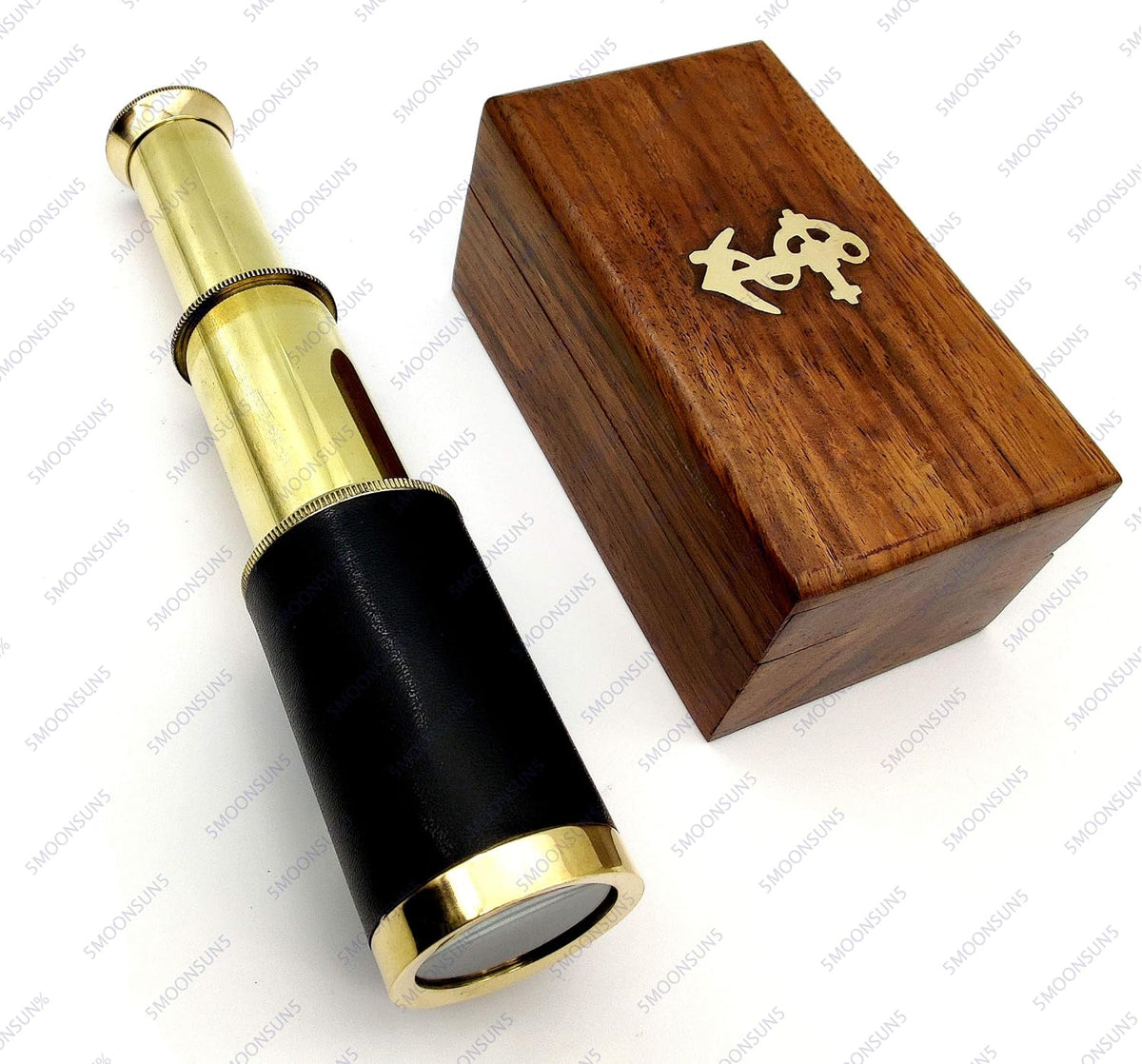 5moonsun5 6 inch brass spyglass telescope with black leather wrap, compass and wooden box