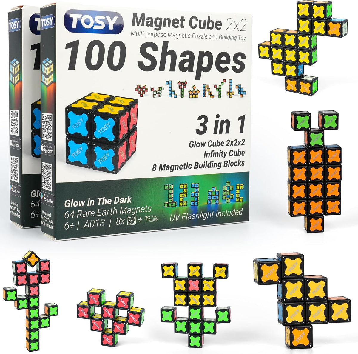 TOSY Magnet Cube 2x2, 8 Blocks, Glowing, UV Flashlight - Cube 2x2x2 (2-pack)