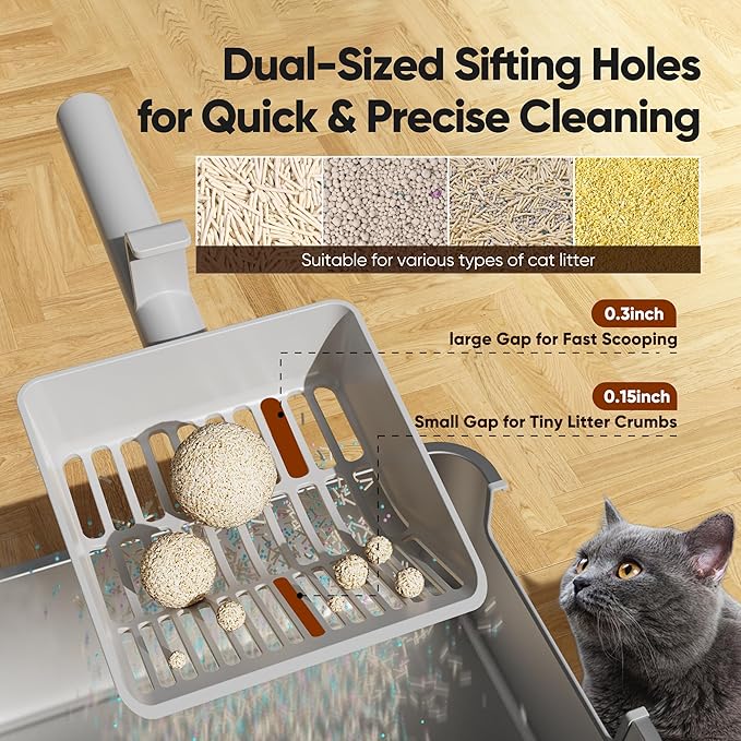 Large Cat Litter Scoop, Heavy-Duty Litter Scoop with Dual Sifting Holes for Fast & Fine Clumping, Kitty Litter Scooper with Long Handle & Easy-to-Hang Hook for Litter Box