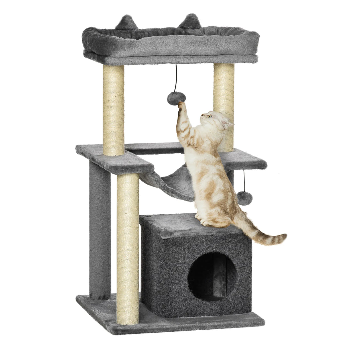 39.25'' Cat Tree Tower Multi-Level Kitten House with Scratching Post Condo Hammock Bed Ball Toy - Gray