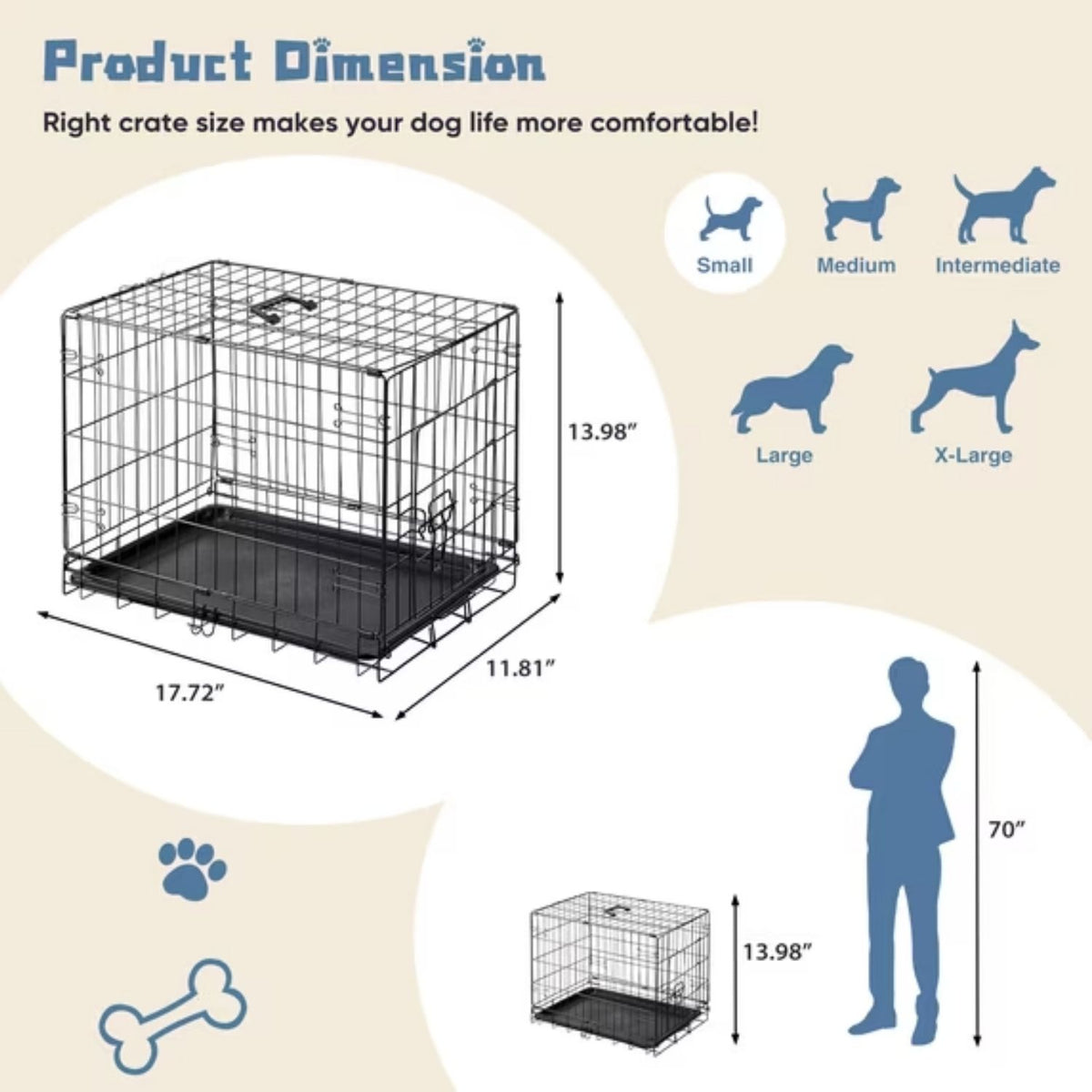 Single Door Dog Cage - Durable Metal Pet Kennel, Secure Lock, Collapsible Design, Removable Tray For Easy Cleaning, Port
