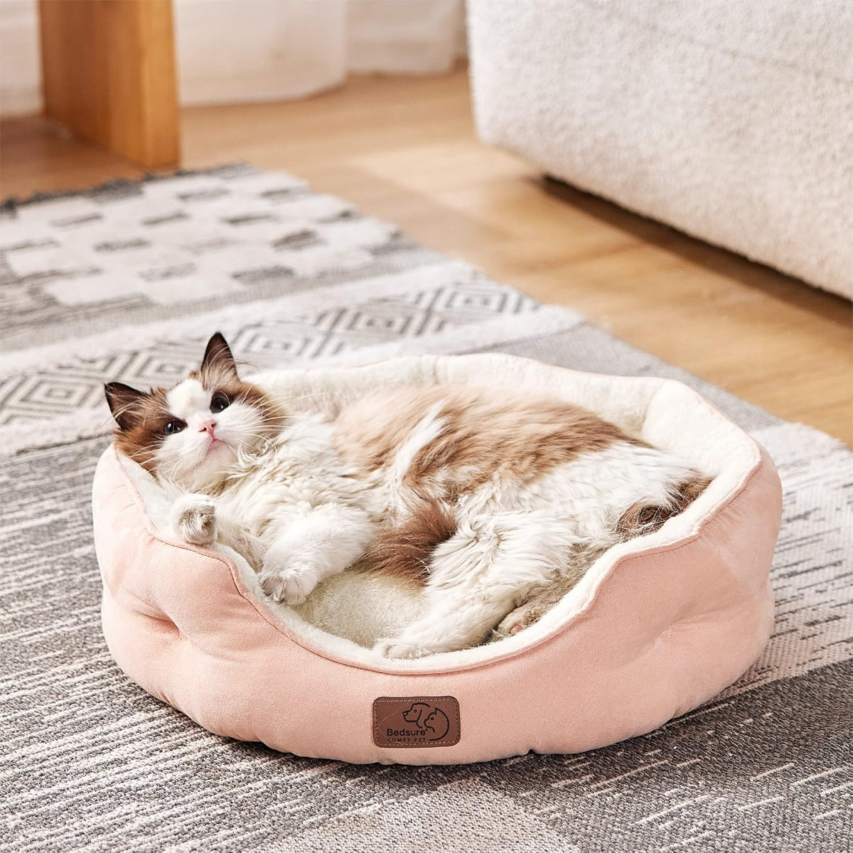 Bedsure Small Dog Bed Washable, Round Cat Beds for Indoor Cats - 20"L x 19"W x 6"Th / Peach Pink - image 2