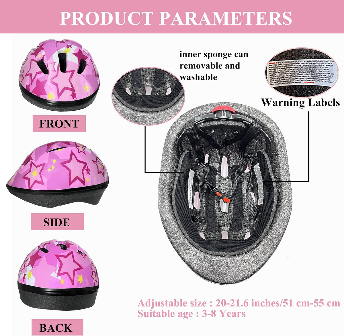 Lamsion Adjustable Kids Bike Helmet with Knee Elbow Wrist Pads - Pink - image 2