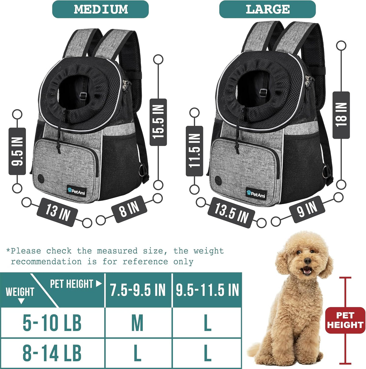 PetAmi Dog Front Carrier Backpack - Medium (15x8x15.5) / Gray - image 3