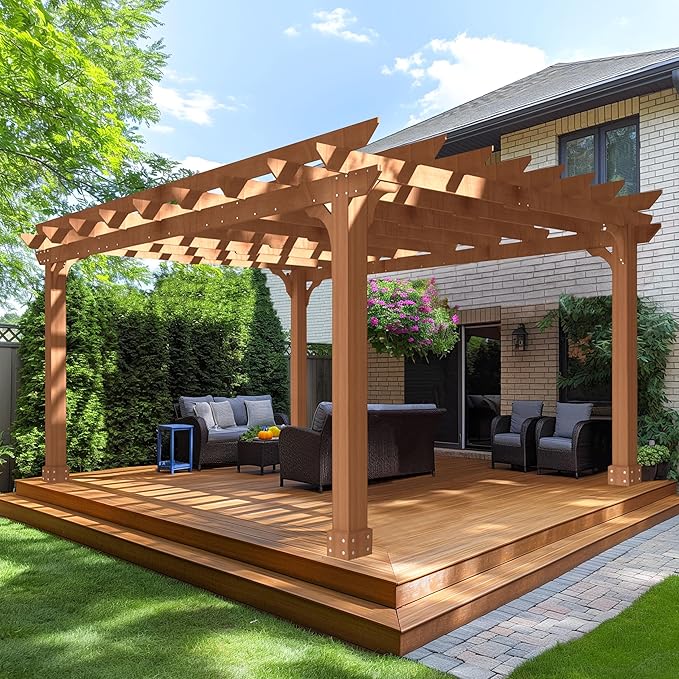 MUPATER 12x14 FT Wooden Pergola, Cedar Pergola Kit with Roof, Outdoor Garden Shelter for Backyard, Deck, Lawn, Pool, Natural