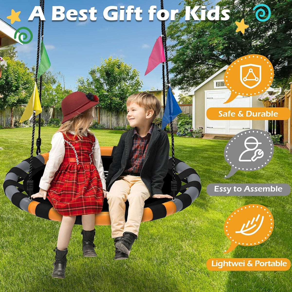 HeyZoo black 40 inch saucer swing with 360 degree swivel for backyard - view 11