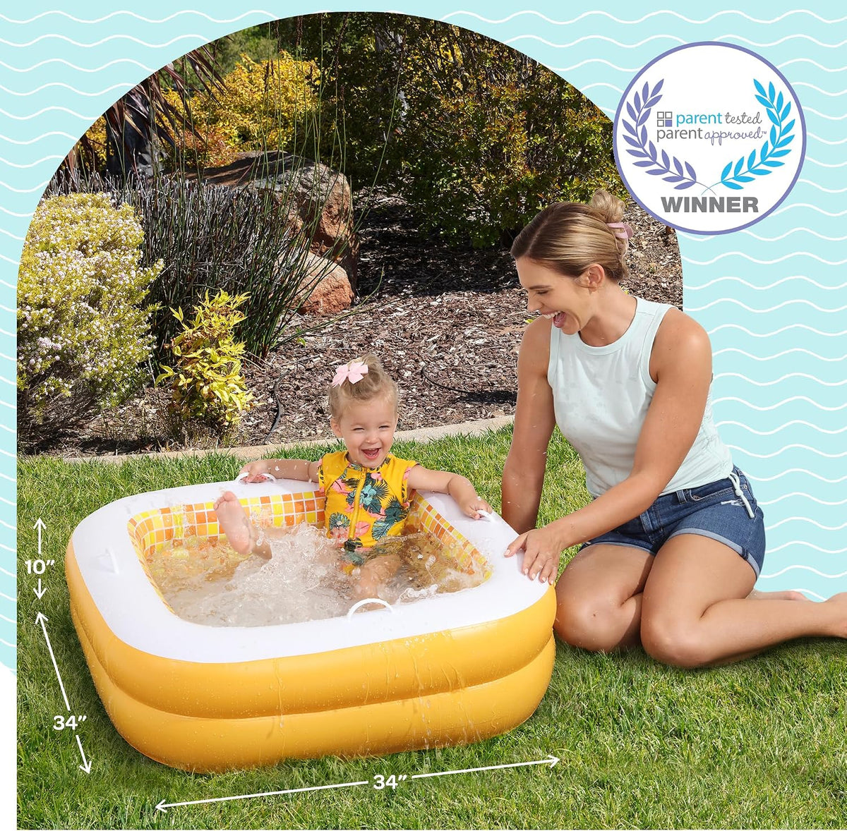 3-in-1 Inflatable Baby Pool, Safety Secure Grip Handles - 34" Square Orange Burst - image 2
