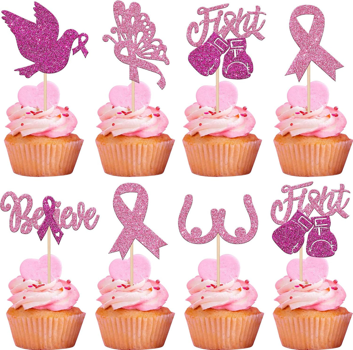 24 PCS Ribbon Breast Cancer Awareness Cupcake Toppers Glitter Pink - Design 3