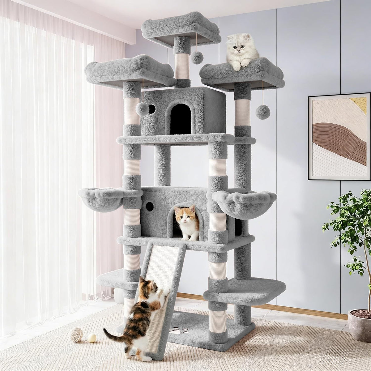 Allewie 68 Inches Cat Tree/House and Towers for Big Feline/Scratching - 82 in / Light Grey
