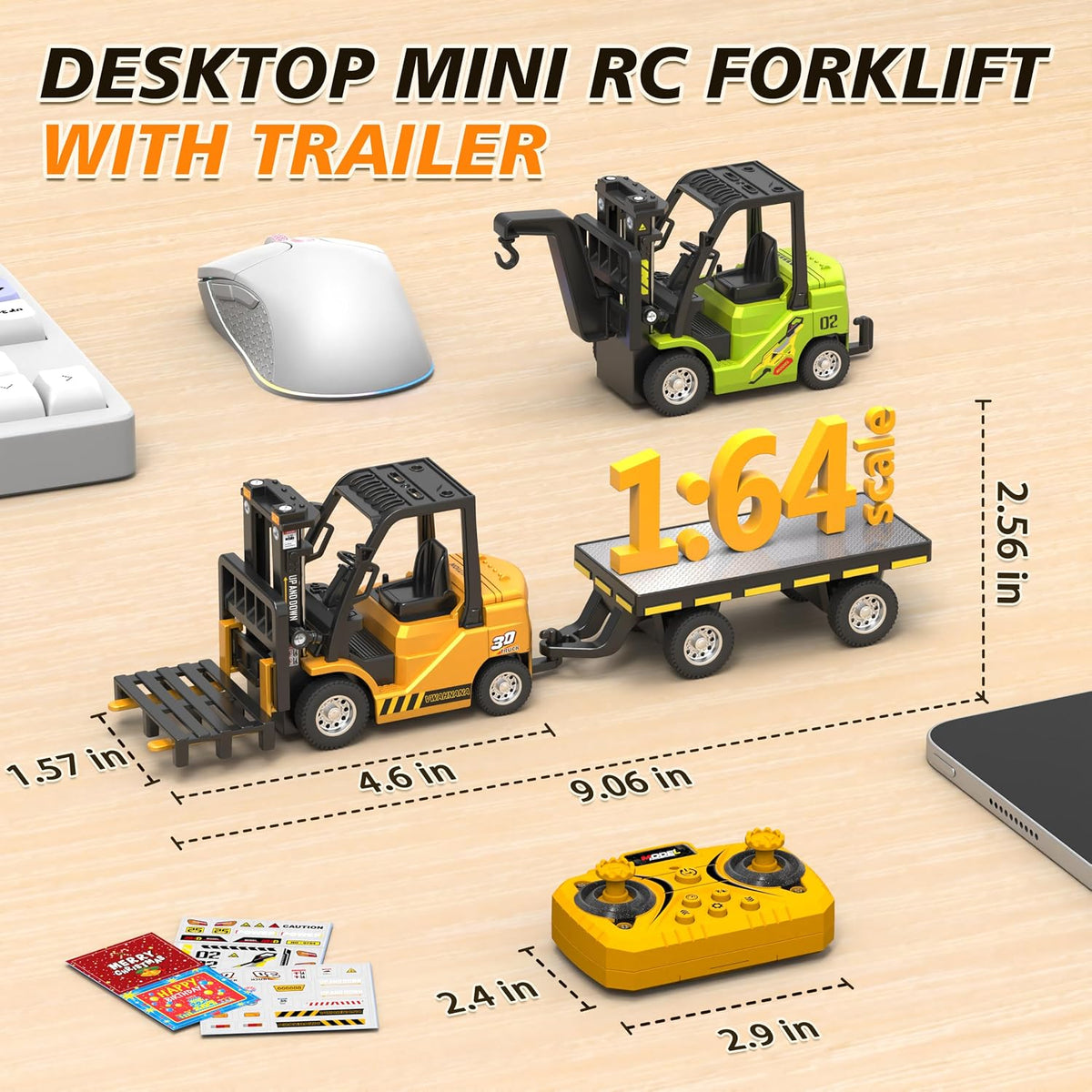 1:24 RC Forklift Toy for Kids - Yellow / 1:64 Scale with Trailer (9.06 x 1.57 x 2.56 inch) - image 2