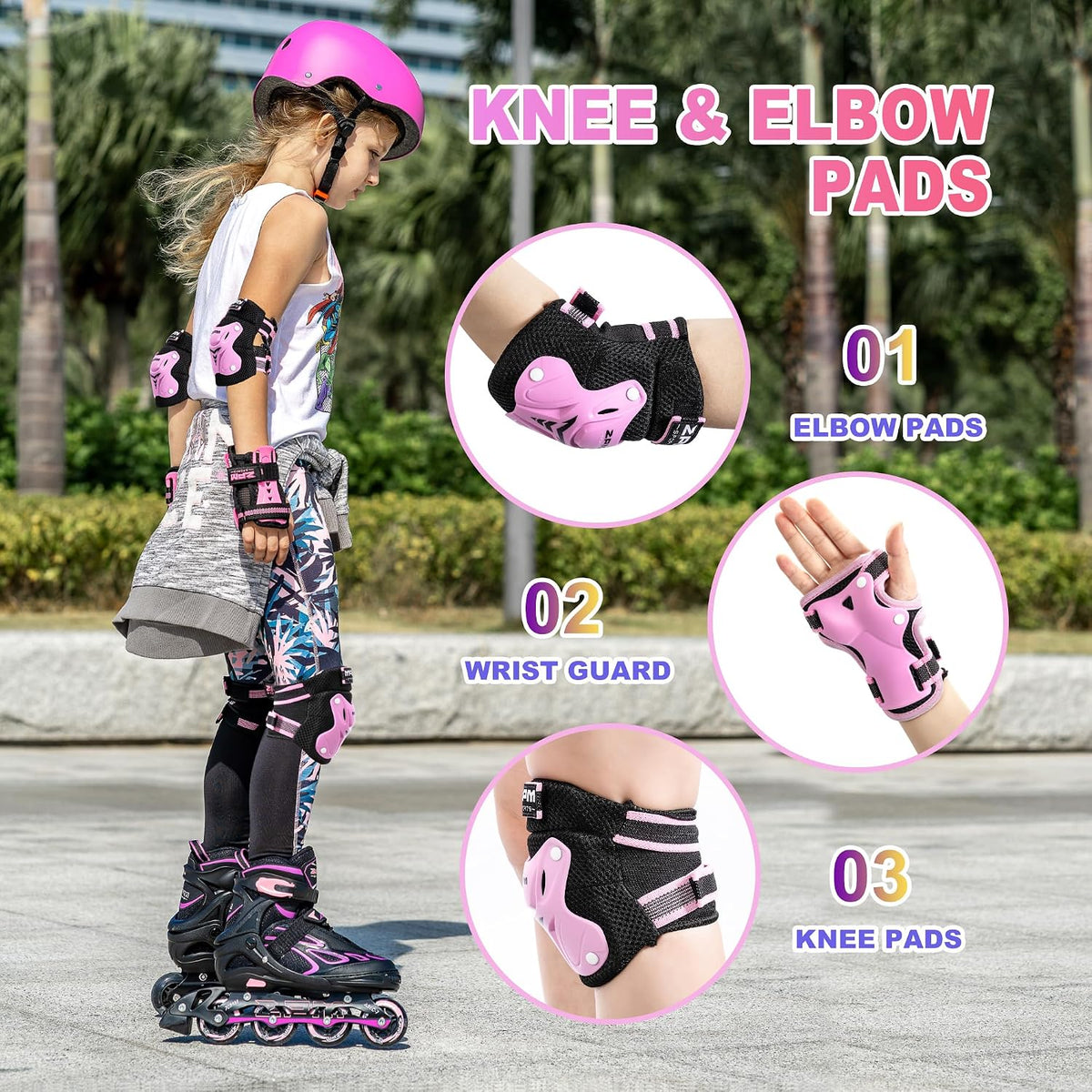 2PM SPORTS Knee and Elbow Pads Set with Wrist Guards for Kids Girls - Pink / Small - image 2