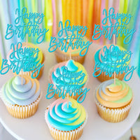 24 PCS Happy Birthday Cupcake Toppers Glitter Picks for Celebrating - Lake Blue - image 4