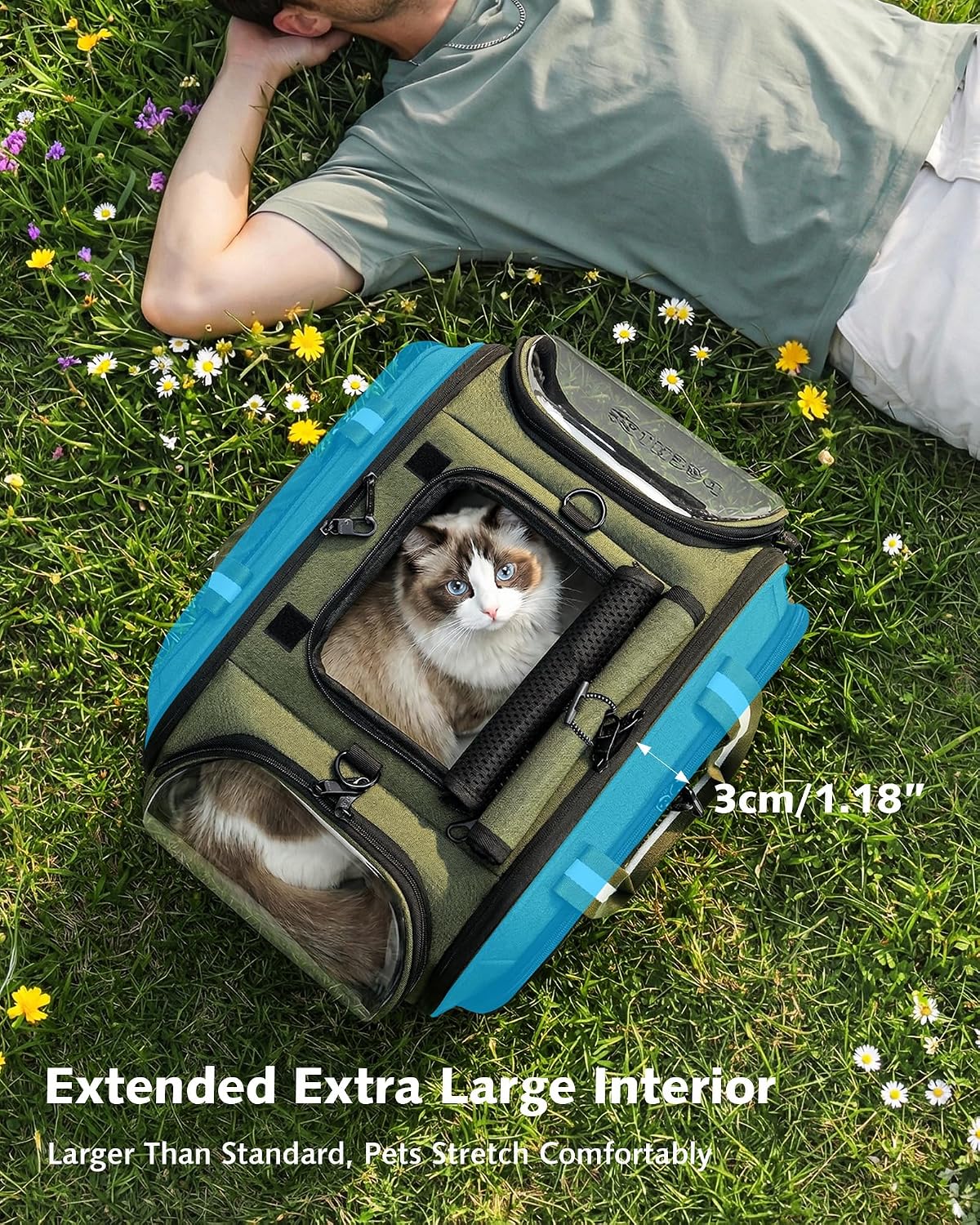 Pecute Cat Carrier, Double Bubble Pet Carrier for Cat Small Dogs - 18"L x 13.5"W x 14"H / Dark Green - image 4