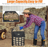 Hay Bags for Horses,Two-Sided Premium Oxford Slow Feed Hay Bags for Goats,Sheep,Donkey,Large Top Opening with Hook-and-Loop Seals,Easy to Hang with Adjustable Strap (Black, Large 2 Packs)