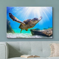 wall26 Canvas Print Wall Art Sunlight Ray Tropical Turtle Swimming Ocean Nature Animals Photography Realism Rustic Scenic Landscape Wilderness Colorful for Living Room, Bedroom, Office - 32"x48"