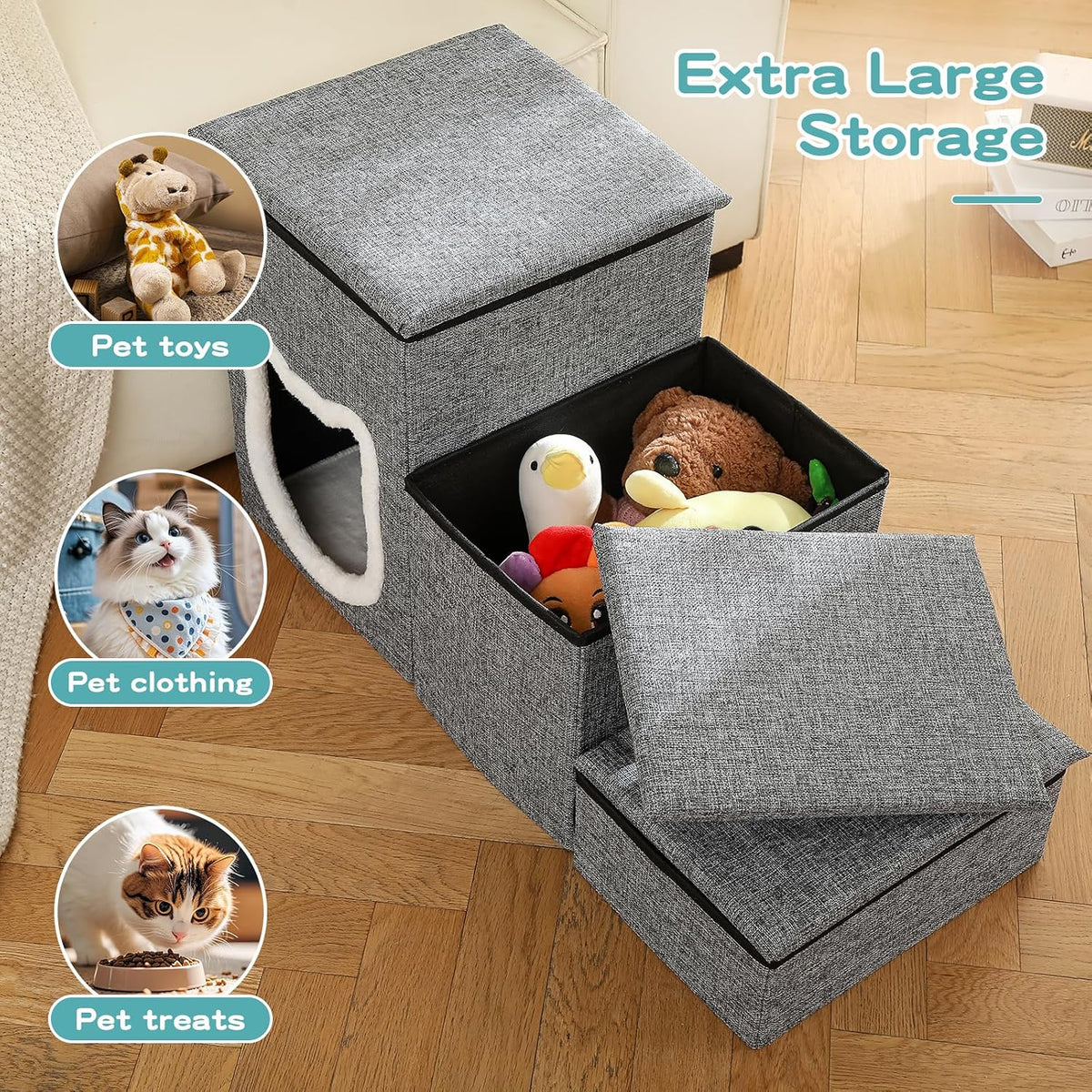 17" H Cat Stairs for Old Cats, Doggie Steps for Small Dogs - Grey / 3-Step - image 3