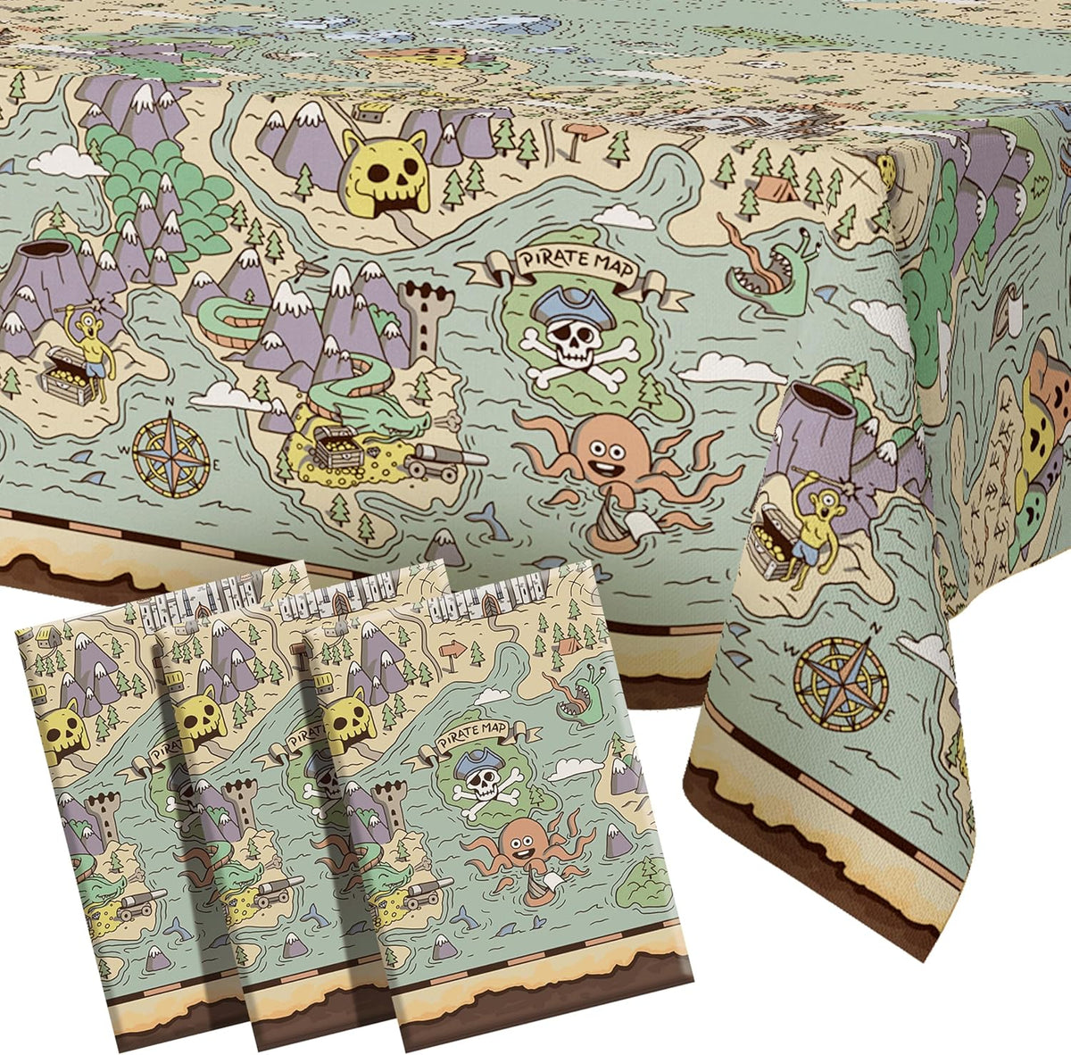 FUN RACCOON pirate party tablecloth with vintage treasure map and pirate ships print - view 2