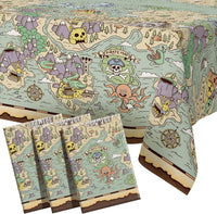 FUN RACCOON pirate party tablecloth with vintage treasure map and pirate ships print - view 2