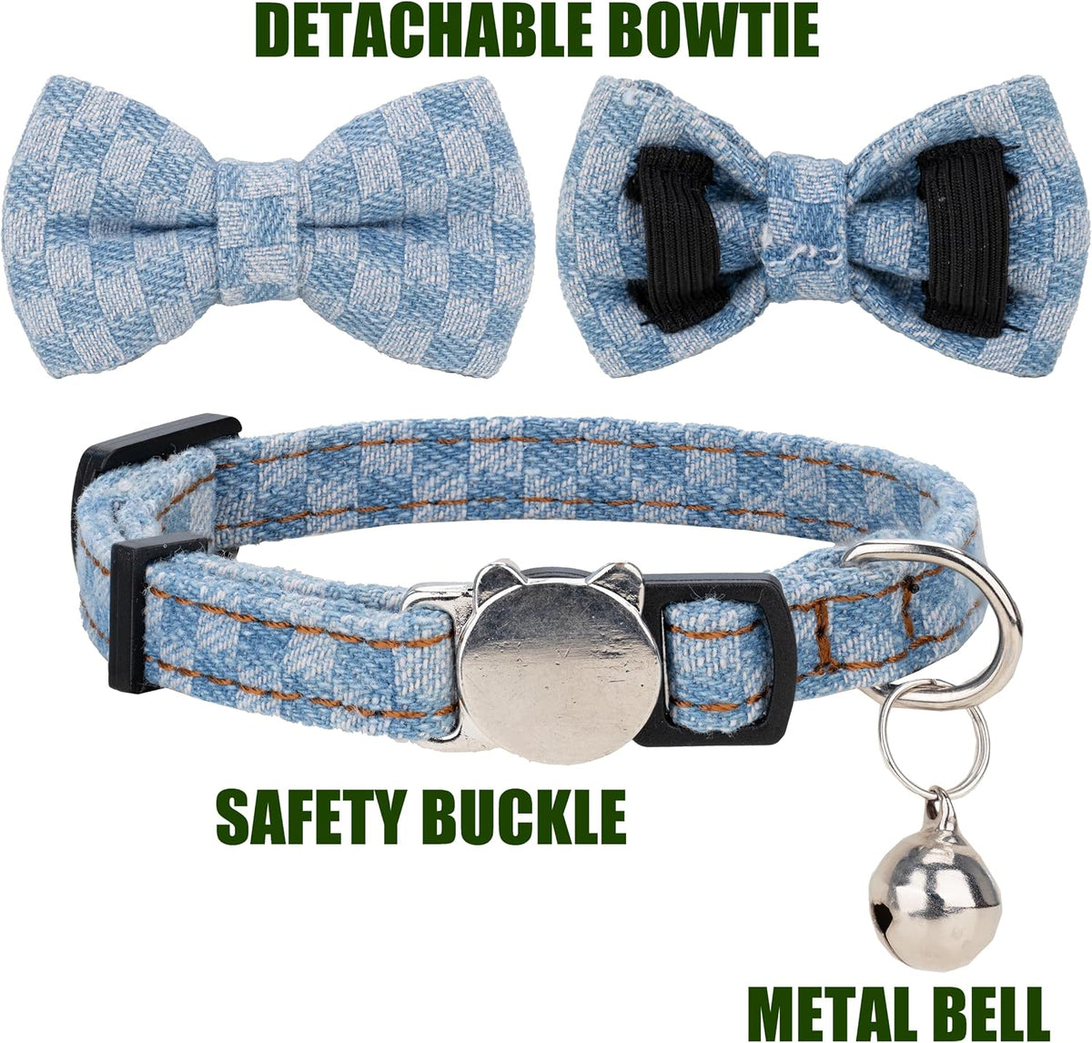 Cat Collar Breakaway Bowtie Safety with Bell Adjustbale Kitten Puppy - O-[2pcs] Denim - image 3