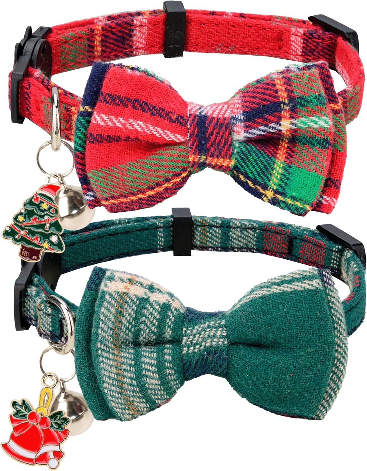 Cat Collar Breakaway Bowtie Safety with Bell Adjustbale Kitten Puppy - P-[2pcs] Xmas Plaid