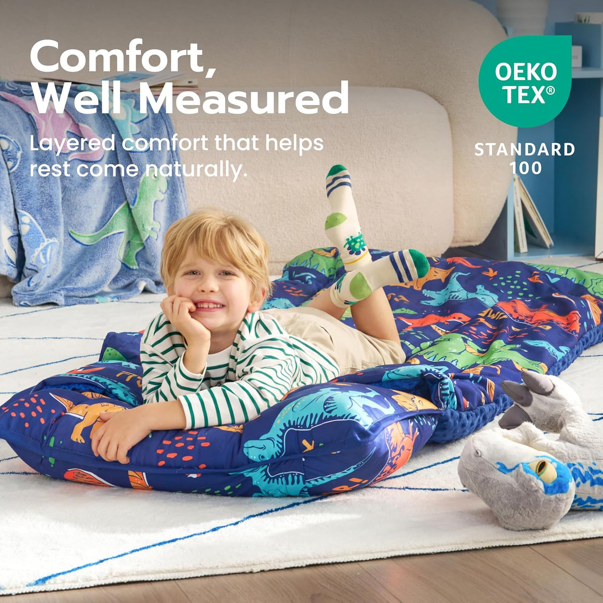JOIEDOMI Toddler Nap Mat with Removable Pillow and Minky Blanket - Colorful Dinosaur - image 3